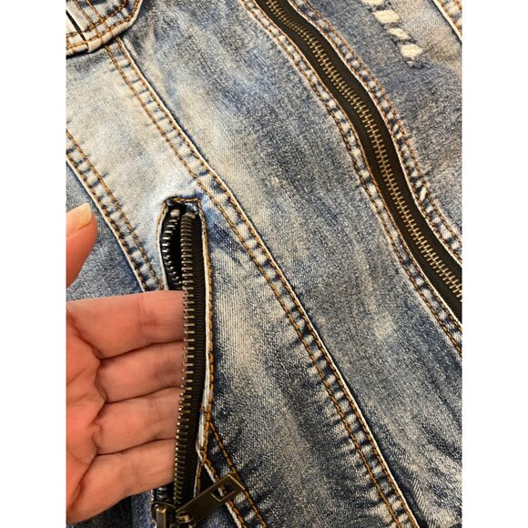 LA Coalition Womens Medium Denim & Gray Hooded Jacket With Distressed Details - Picture 7 of 13